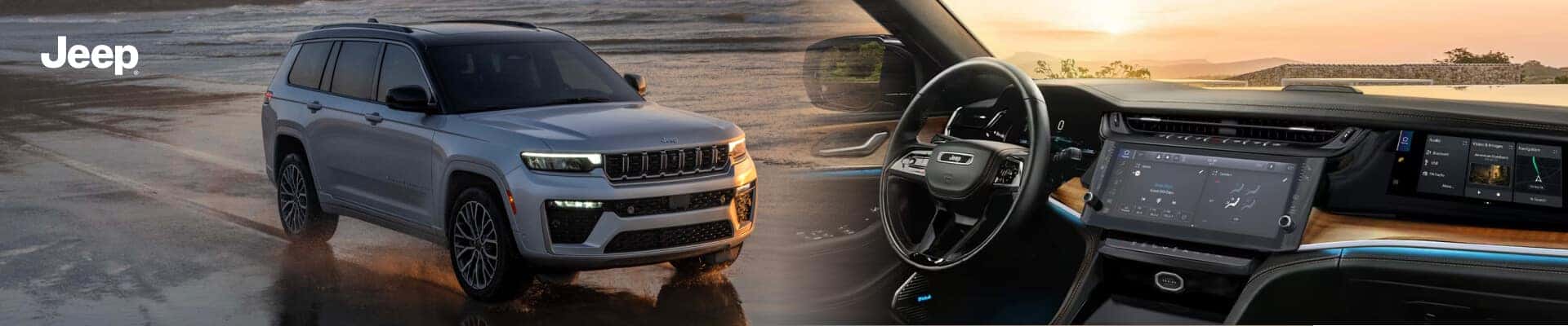 2026 Jeep Grand Cherokee L Summit in Silver Zynith, exterior front three-quarter view and Black interior cockpit.