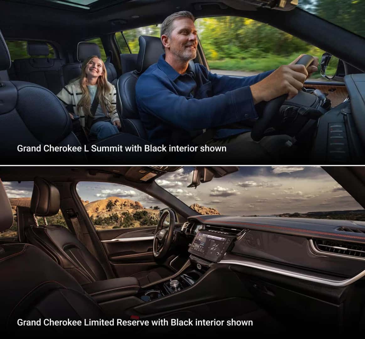 Top: 2026 Jeep Grand Cherokee L Summit, Black interior with driver and passenger. Bottom: Limited Reserve Black cockpit.