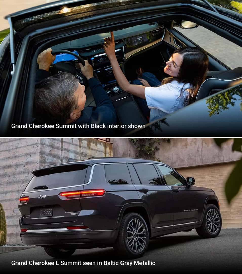 Top: 2026 Jeep Grand Cherokee L Summit, Black interior with occupants. Bottom: Baltic Gray Metallic, rear three-quarter view.