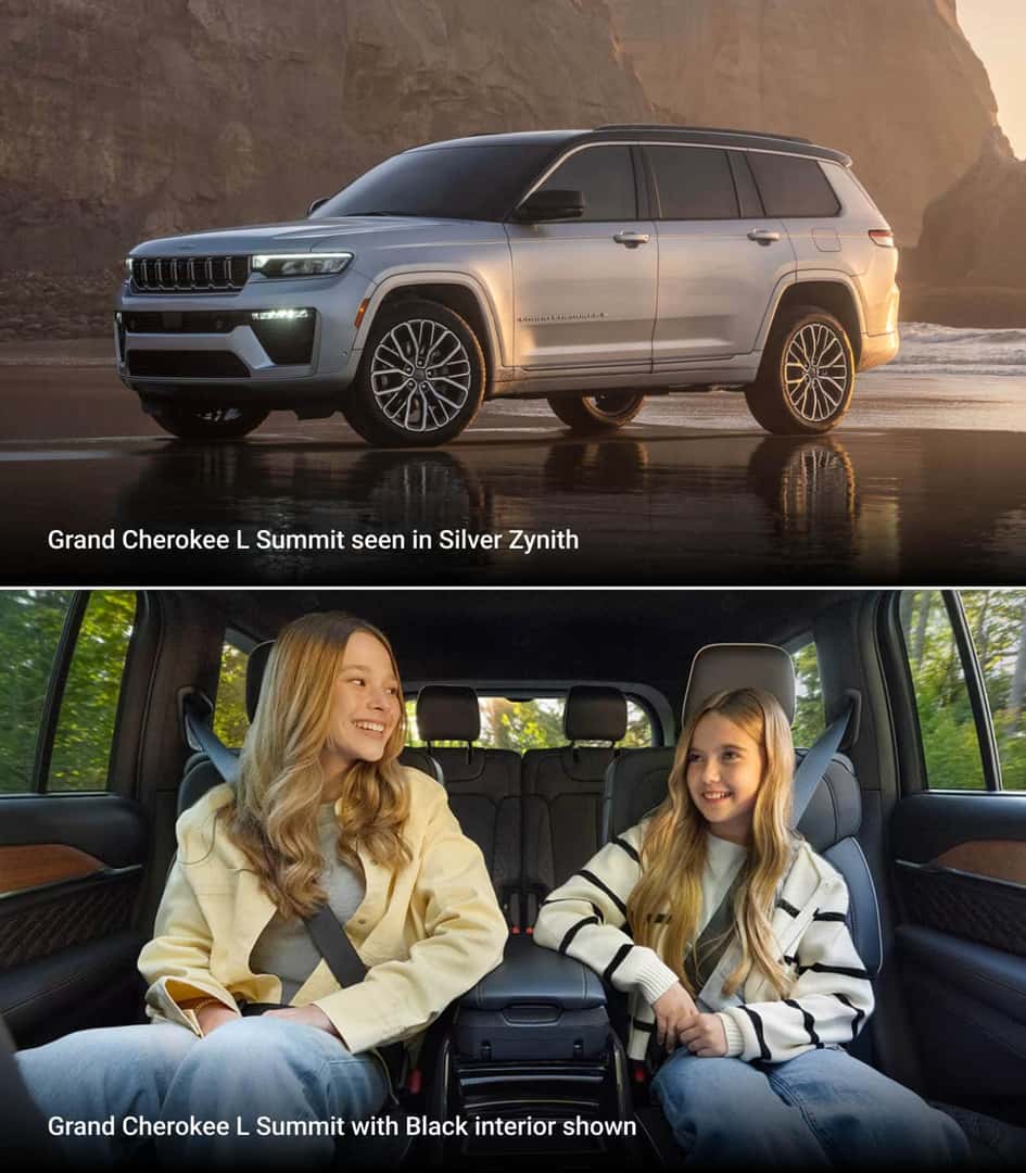 Top: 2026 Jeep Grand Cherokee L Summit in Silver Zynith at sunset. Bottom: Black interior with two rear passengers.