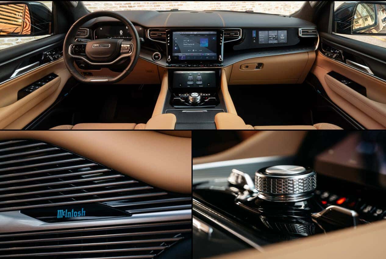 L2B: Three-panel interior view of a Jeep Grand Wagoneer dashboard and McIntosh speaker in Tupelo.