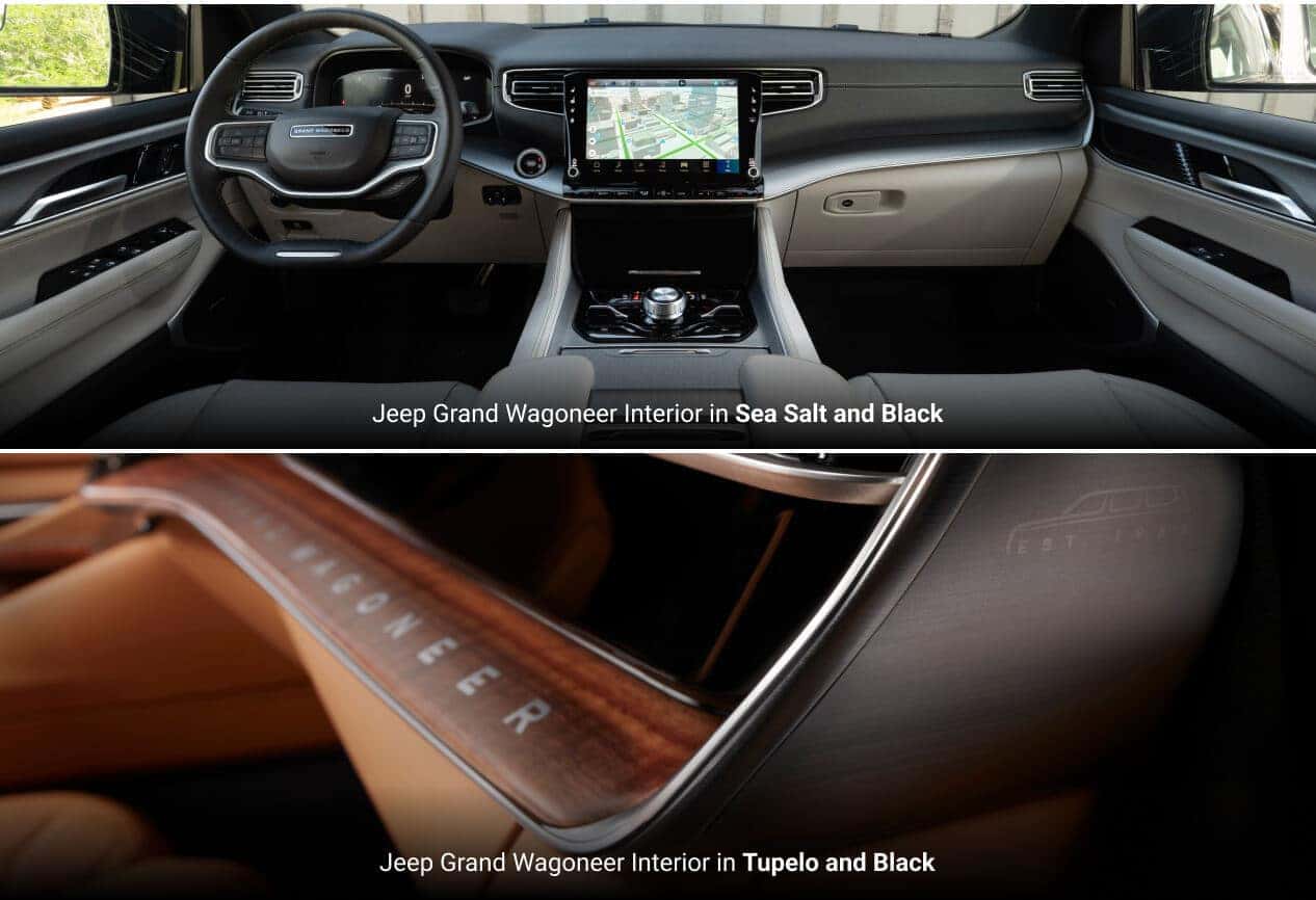 Two-panel interior view of a Jeep Grand Wagoneer in Sea Salt and Tupelo leather color.