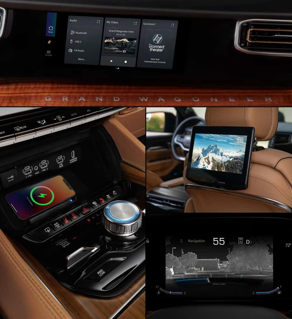 Collage of the interior tech of a Jeep Grand Wagoneer.