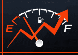 Fuel gauge with line chart showing improvement