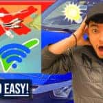 Man is making shocked face. Honda Civic in background. Phone with wires crossed out and wireless signal showing checkmark next to it beside the man and car