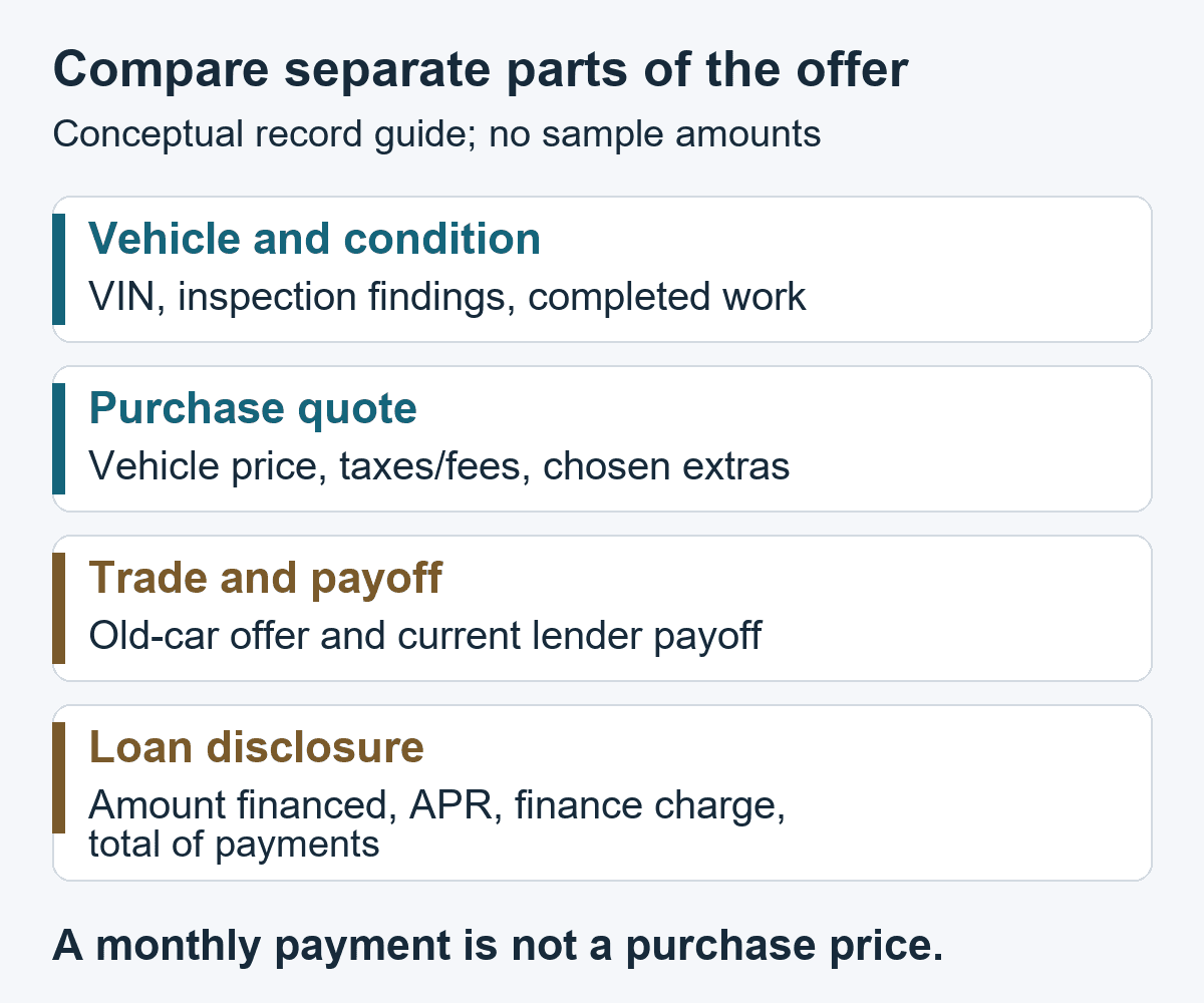 Conceptual guide separates vehicle and condition records, purchase quote, trade and payoff, and loan disclosure.