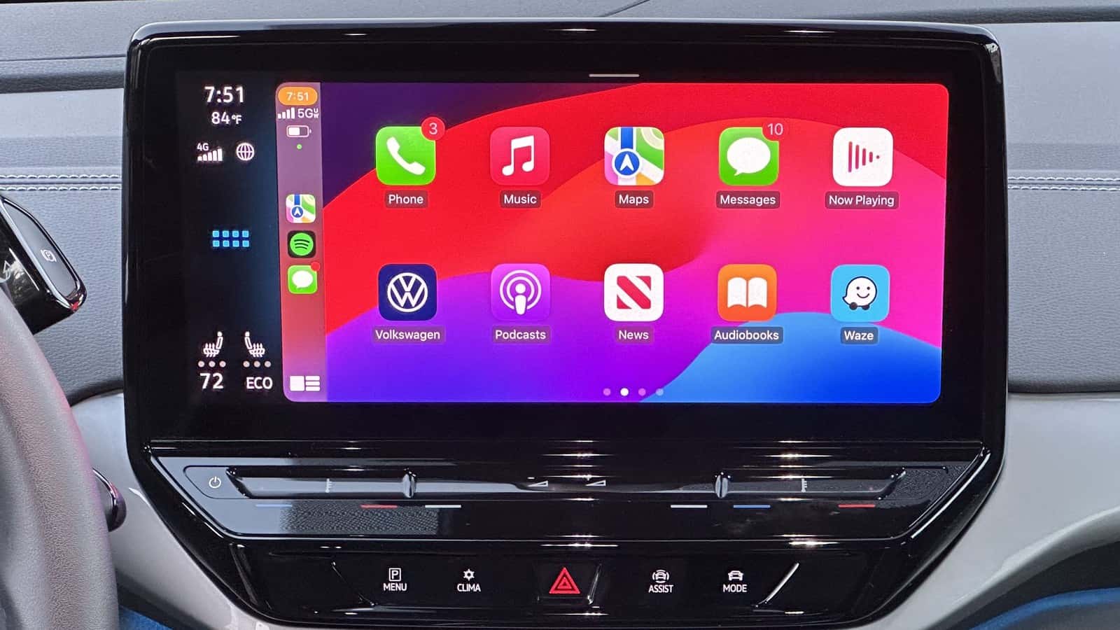 CarPlay app icons on a Volkswagen ID.4 display, photographed in July 2023.
