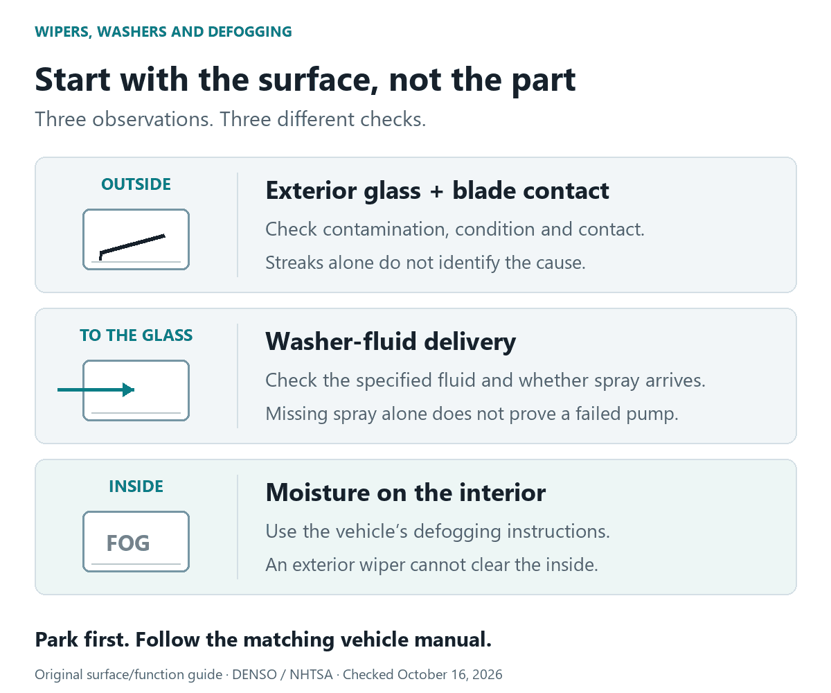 Original guide separating exterior wiper contact, washer-fluid delivery and moisture on the inside of the windshield.