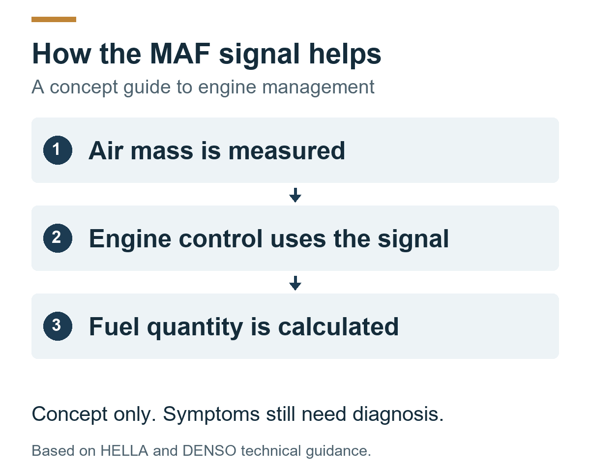 Conceptual flow: measured intake air mass provides a signal used by engine control to calculate fuel quantity.