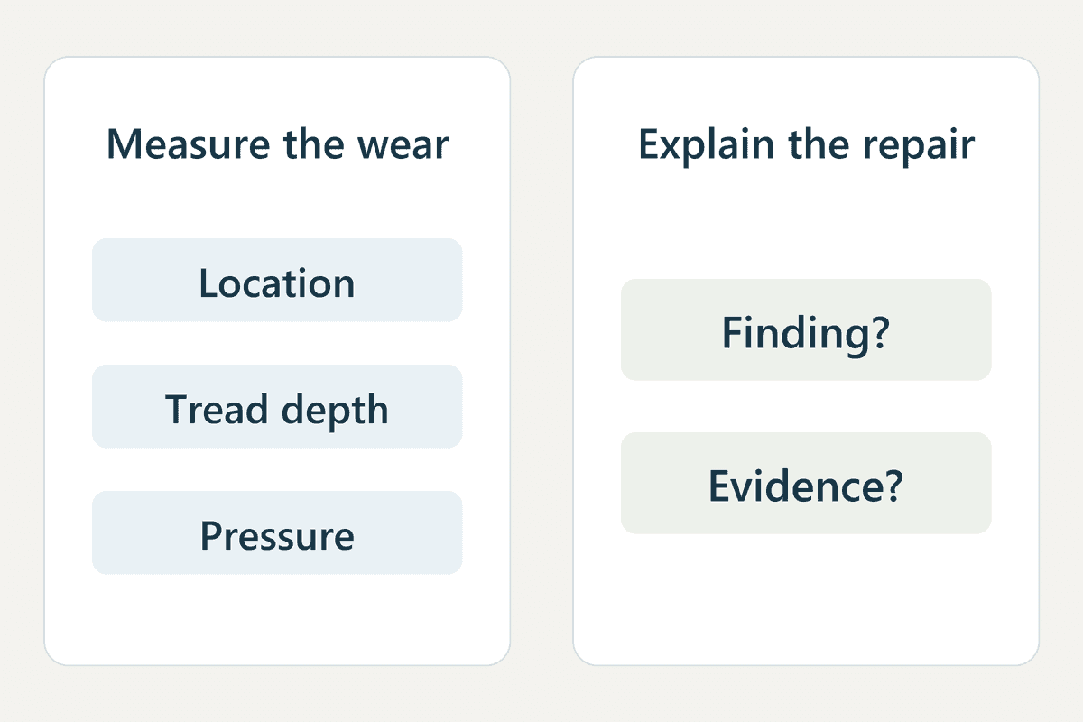 Separate tire measurements from a supported repair finding.