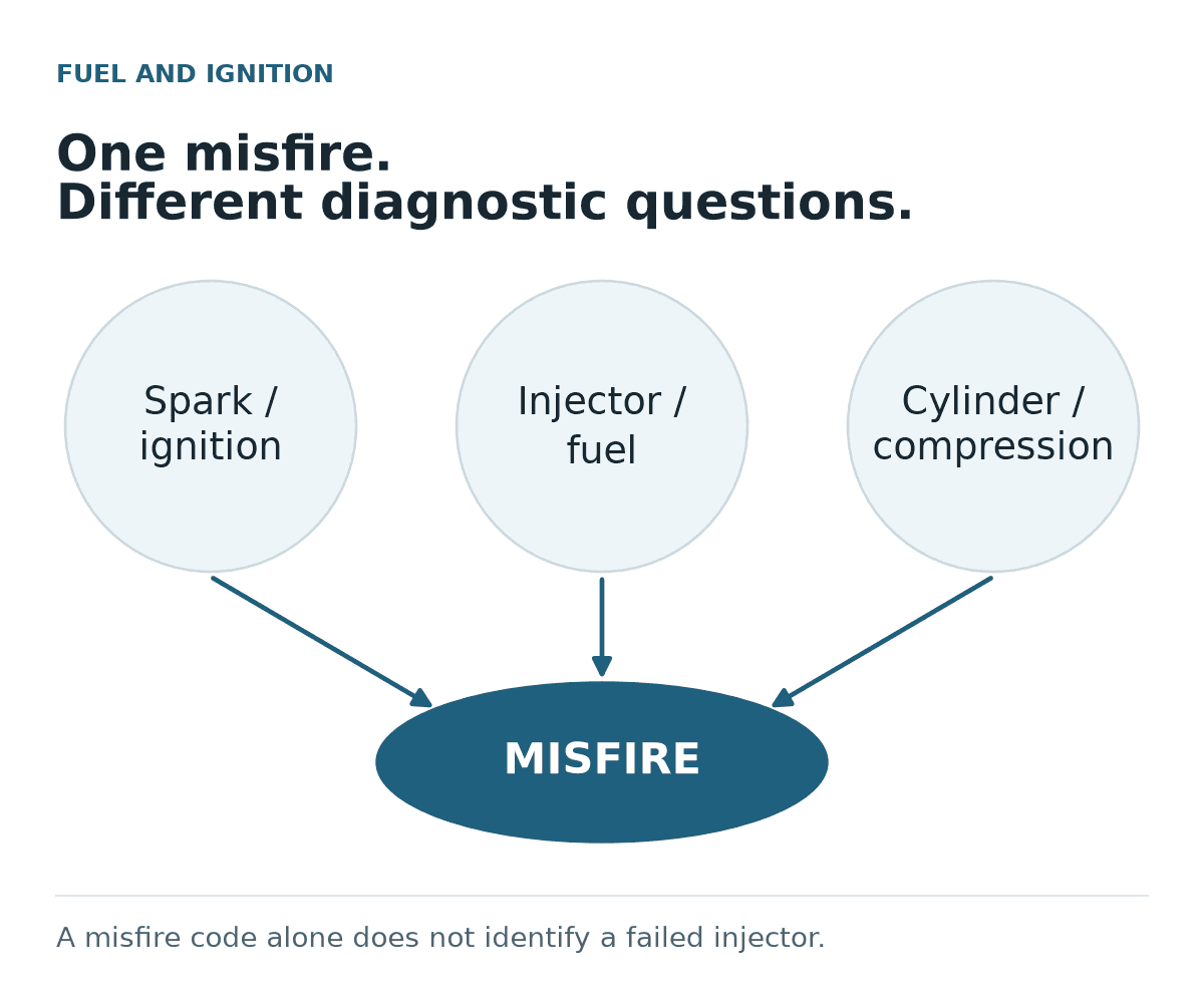 Original diagram showing ignition, injector or fuel, and cylinder-compression questions converging on a misfire.