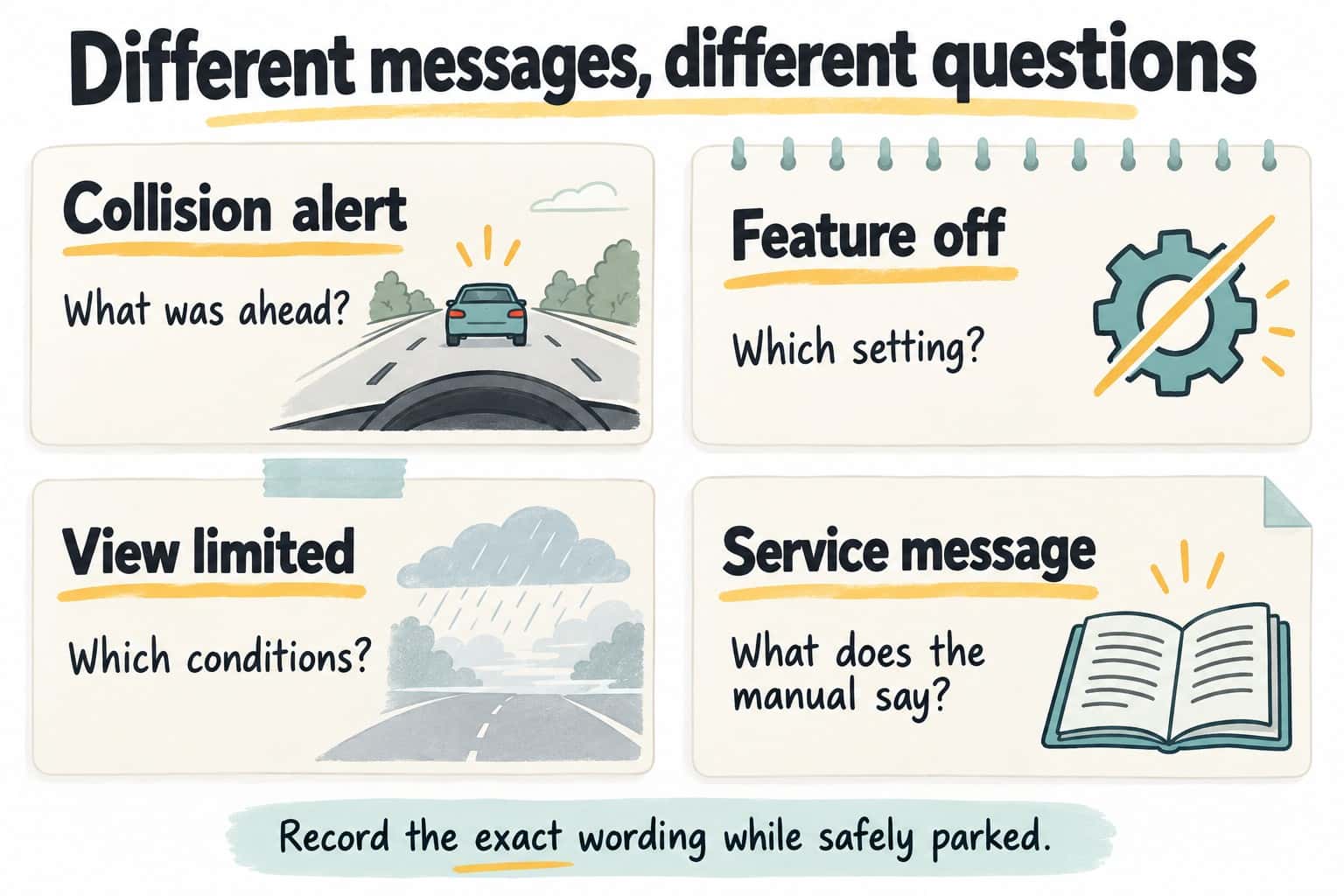 Original AI-generated illustration separating collision alert, feature off, limited view and service-message questions