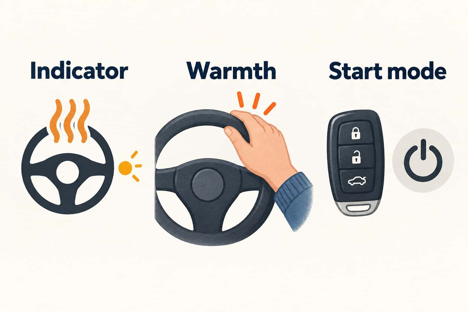 Original AI-generated illustration showing separate indicator, rim-warmth and start-mode observations for a heated steering wheel