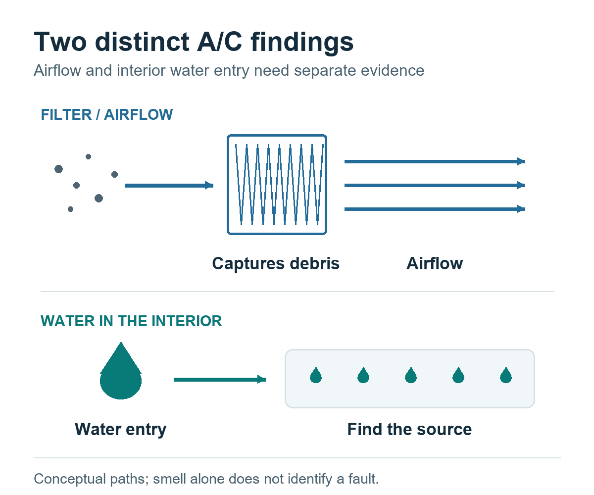Original diagram separating cabin-filter airflow from water entering the interior.