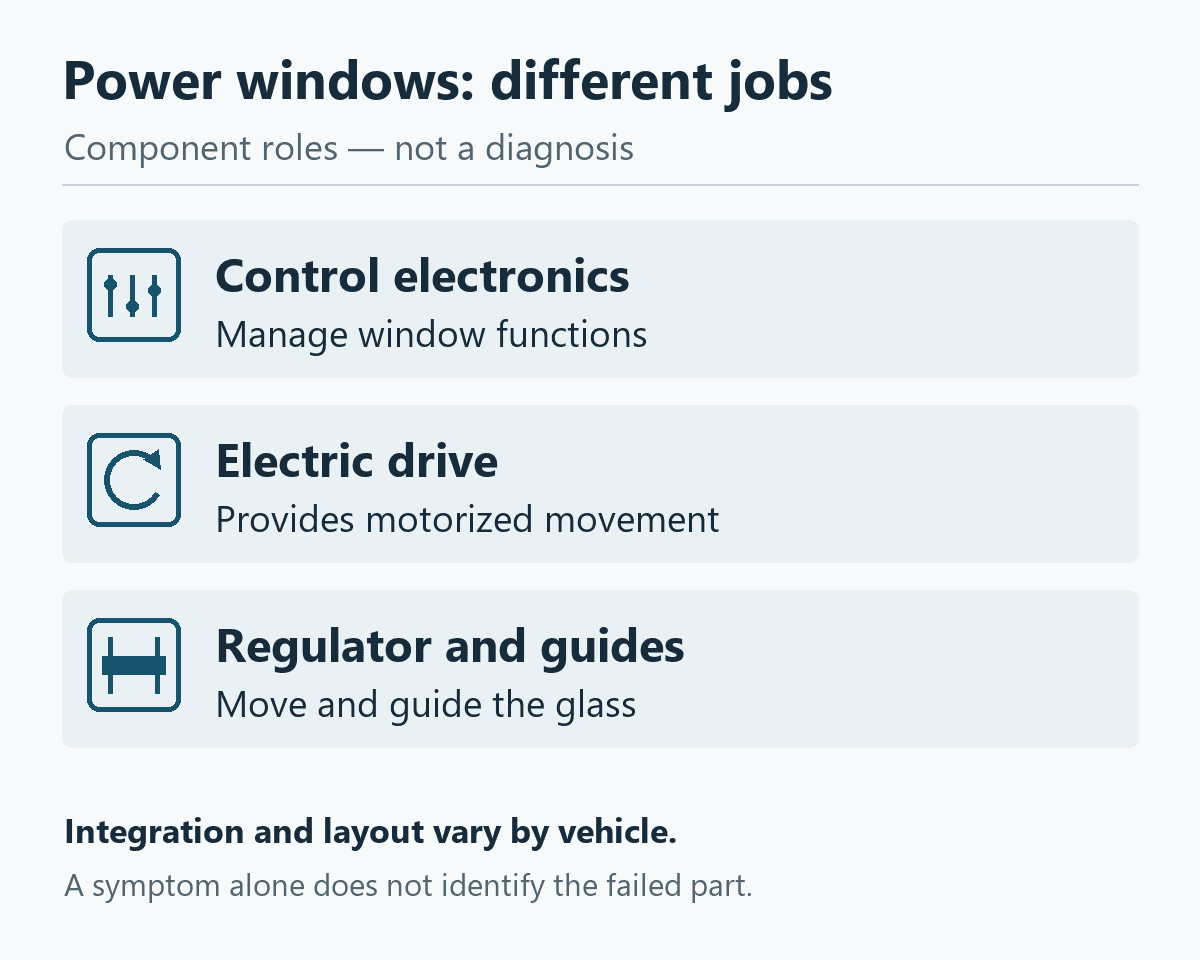 Power window roles: control electronics manage functions, the electric drive provides motorized movement, and the regulator and guides move and guide glass. Integration varies by vehicle.
