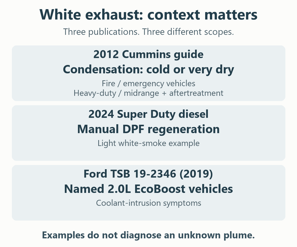 Three documented contexts for white exhaust: cold or very dry conditions in Cummins fire/emergency guidance, manual regeneration in a 2024 Super Duty diesel, and coolant-intrusion symptoms in Ford’s 2019 bulletin for named 2.0-liter EcoBoost applications.