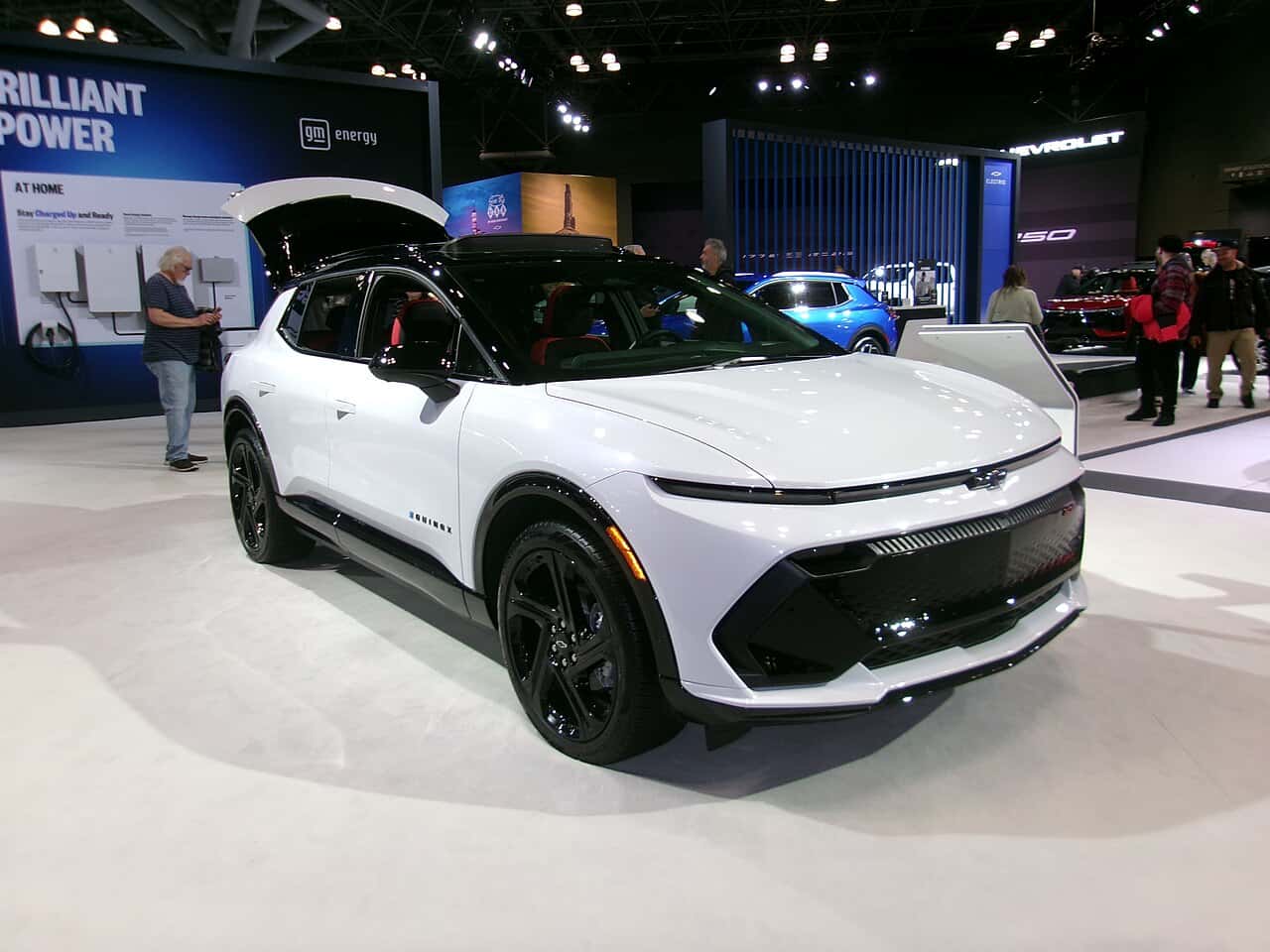 White 2026 Chevrolet Equinox EV on display at the New York auto show