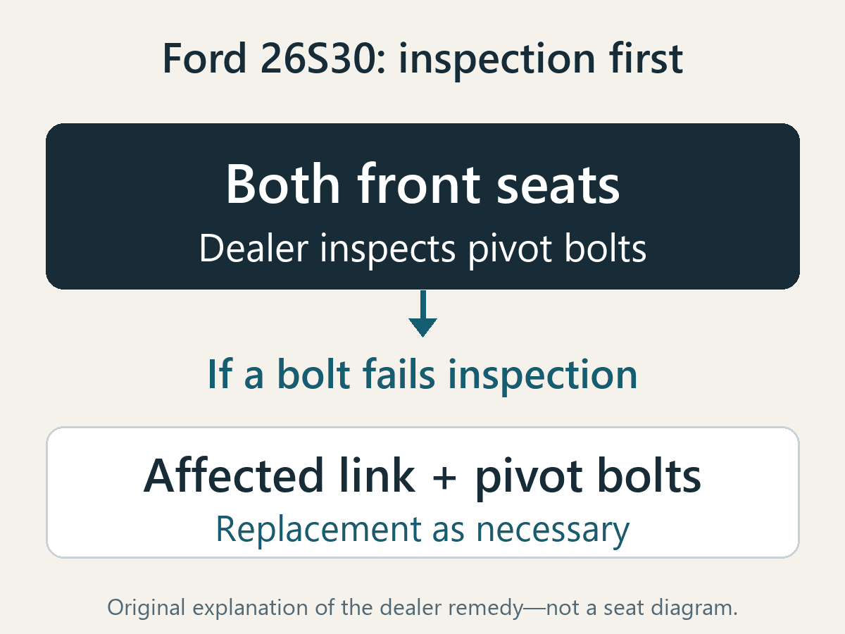 Original explanation of Ford recall 26S30: a dealer inspects pivot bolts after removing both front seats, with affected link and bolt replacement if inspection fails.