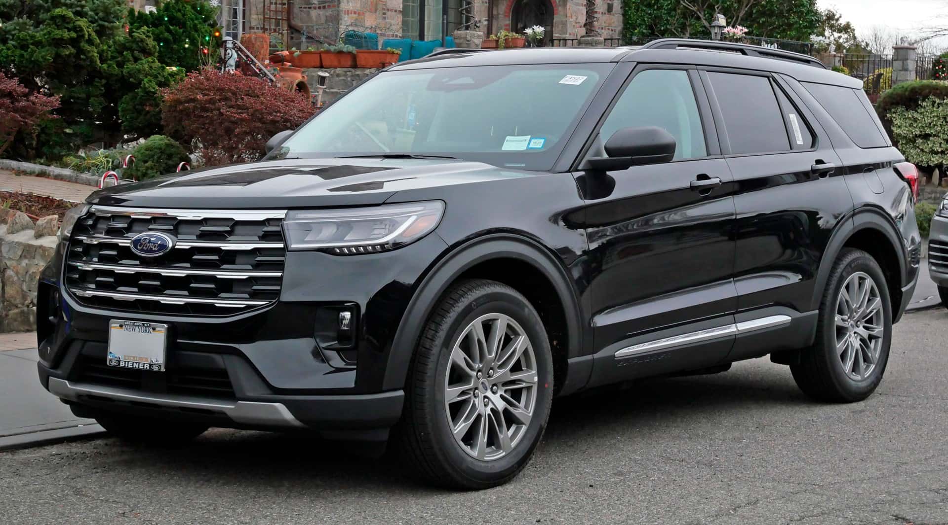 Black 2025 Ford Explorer Active viewed from the front and side