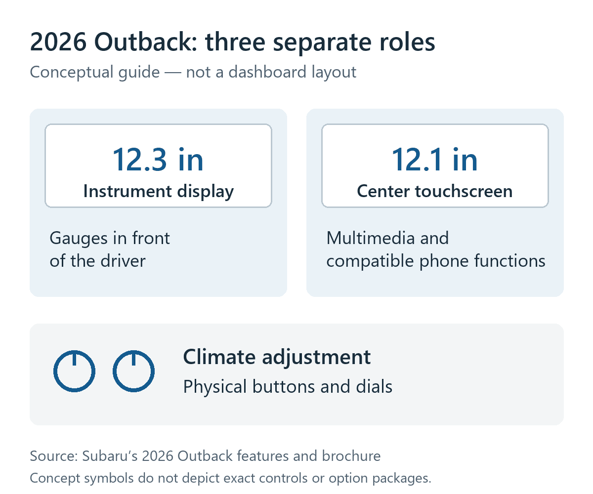 Conceptual diagram of the 2026 Outback’s 12.3-inch instrument display, 12.1-inch center touchscreen and separate physical climate controls.