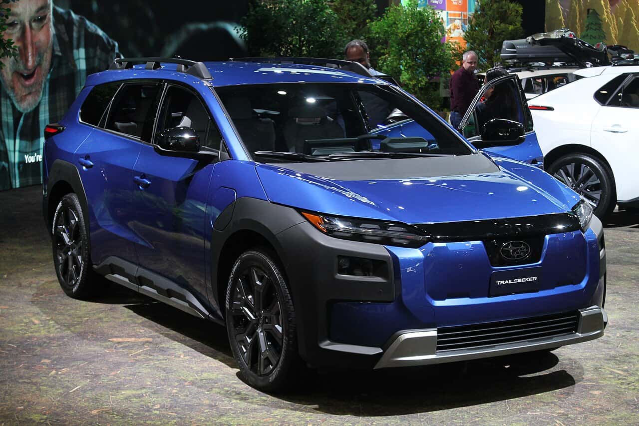 Blue 2026 Subaru Trailseeker prototype at the 2025 New York auto show