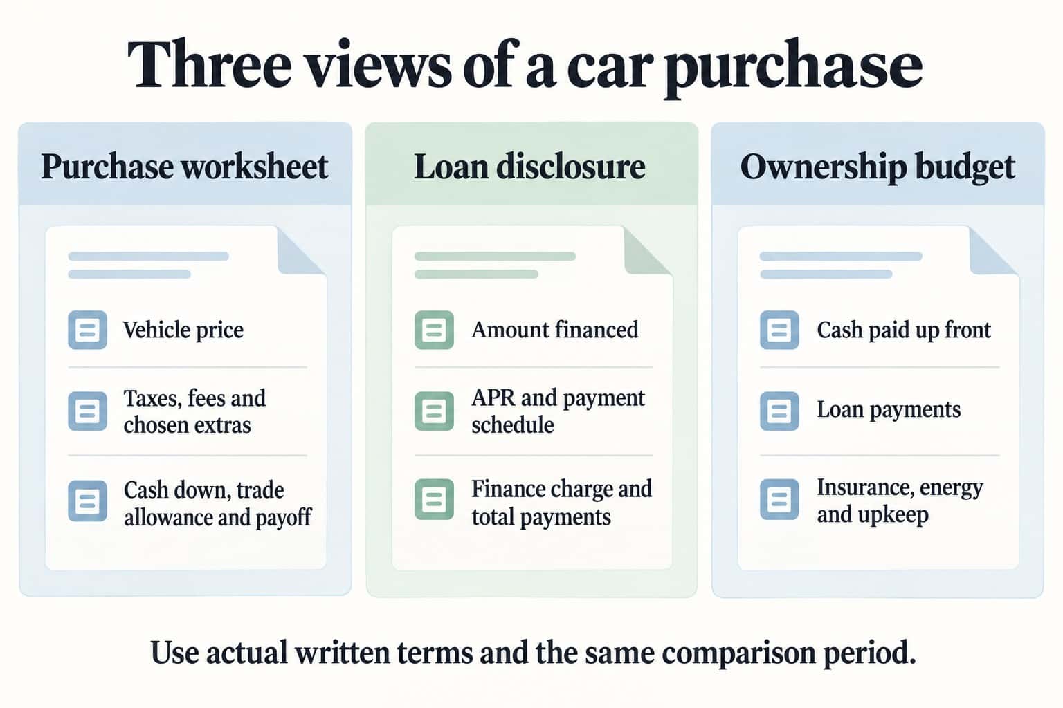 Original AI-generated illustration comparing a purchase worksheet, loan disclosure and ownership budget without offers, rates or financial figures