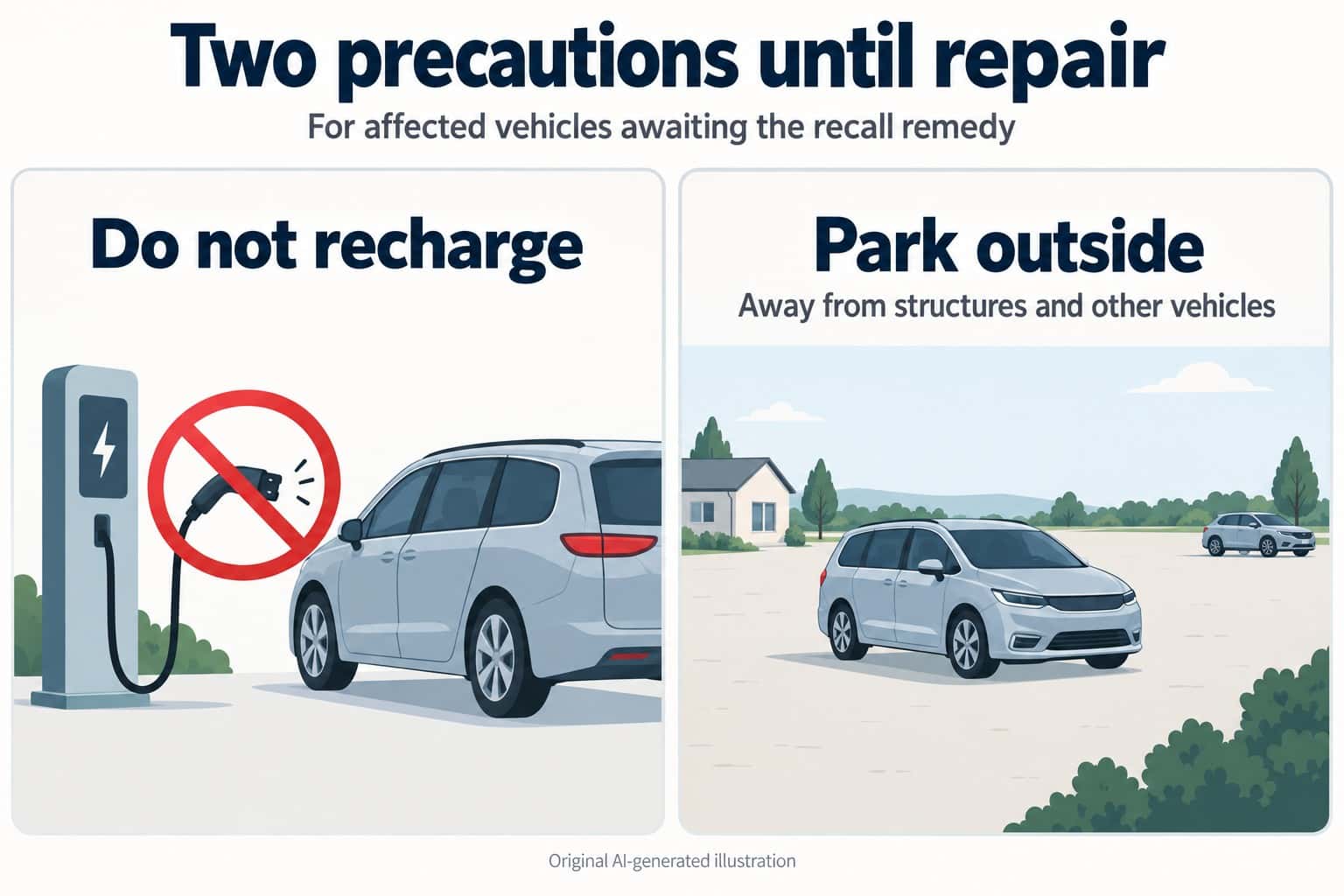 Original AI-generated illustration: affected vehicles awaiting repair should not be recharged and should park outside away from structures and other vehicles