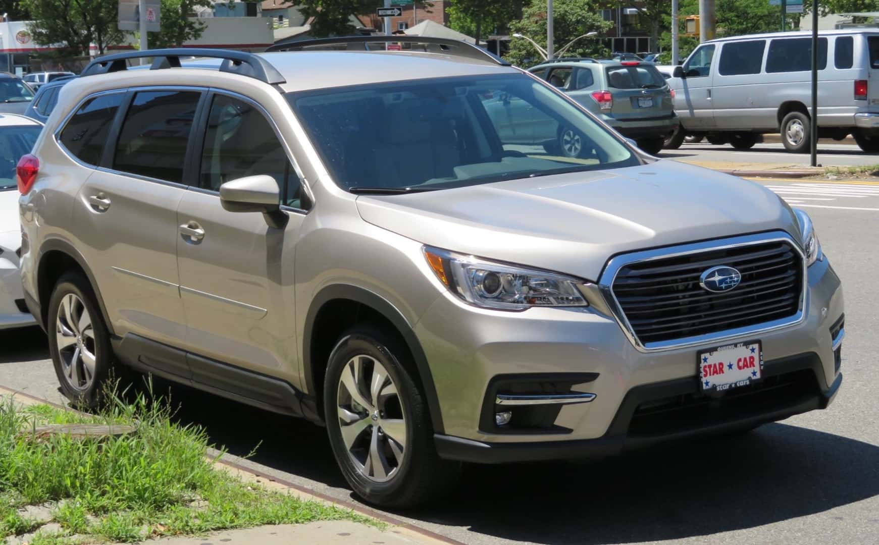 Silver 2019 Subaru Ascent viewed from the front and side
