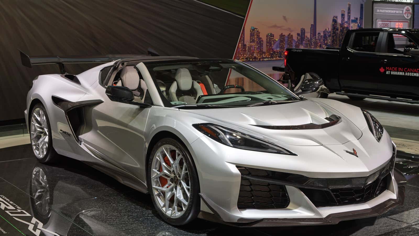 Silver 2026 Chevrolet Corvette ZR1X convertible on display at the Toronto International Auto Show in February 2026.