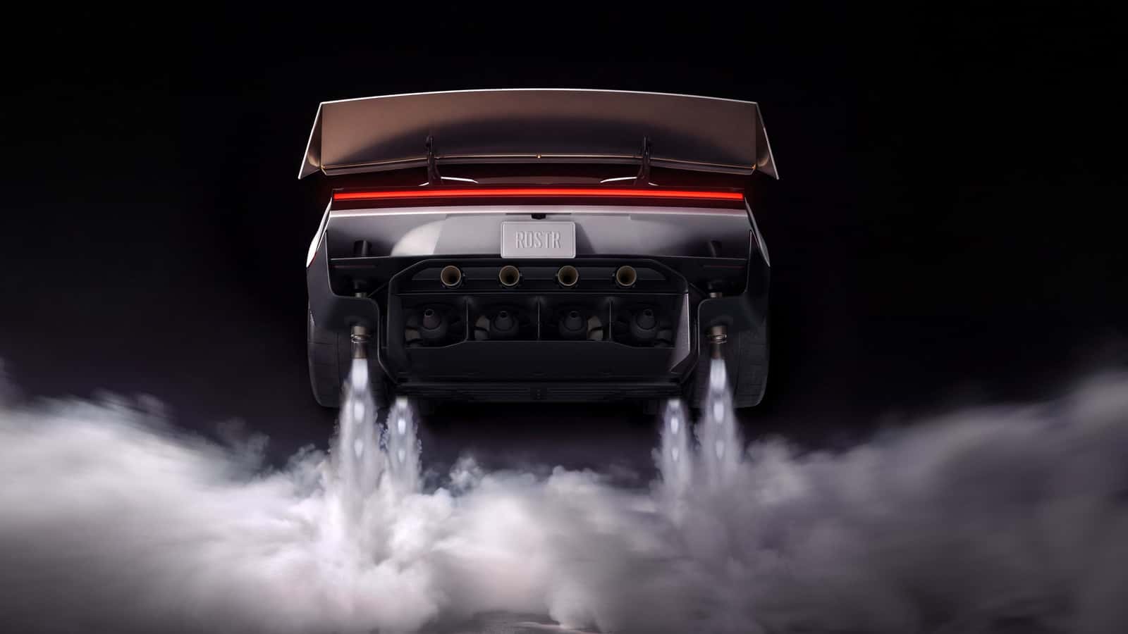 Tesla concept illustration of a Roadster viewed from the rear above the ground, with a raised wing and downward white jets.