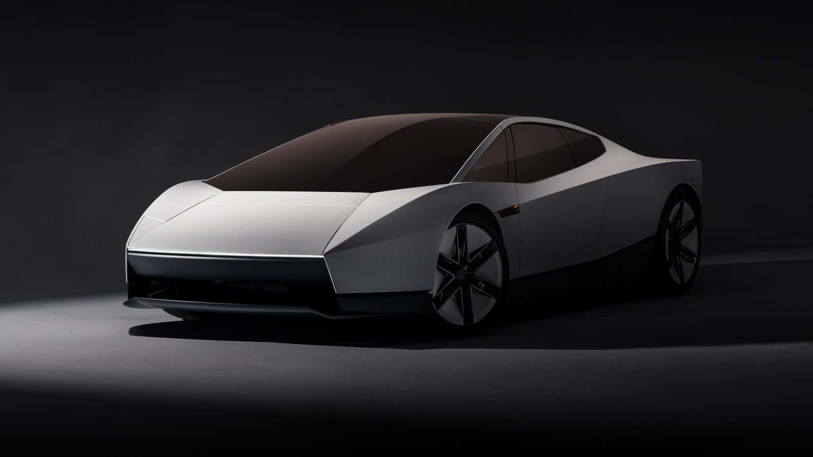 Silver Tesla Roadster with an angular nose and a full-width front light strip, shown from the front three-quarter angle.