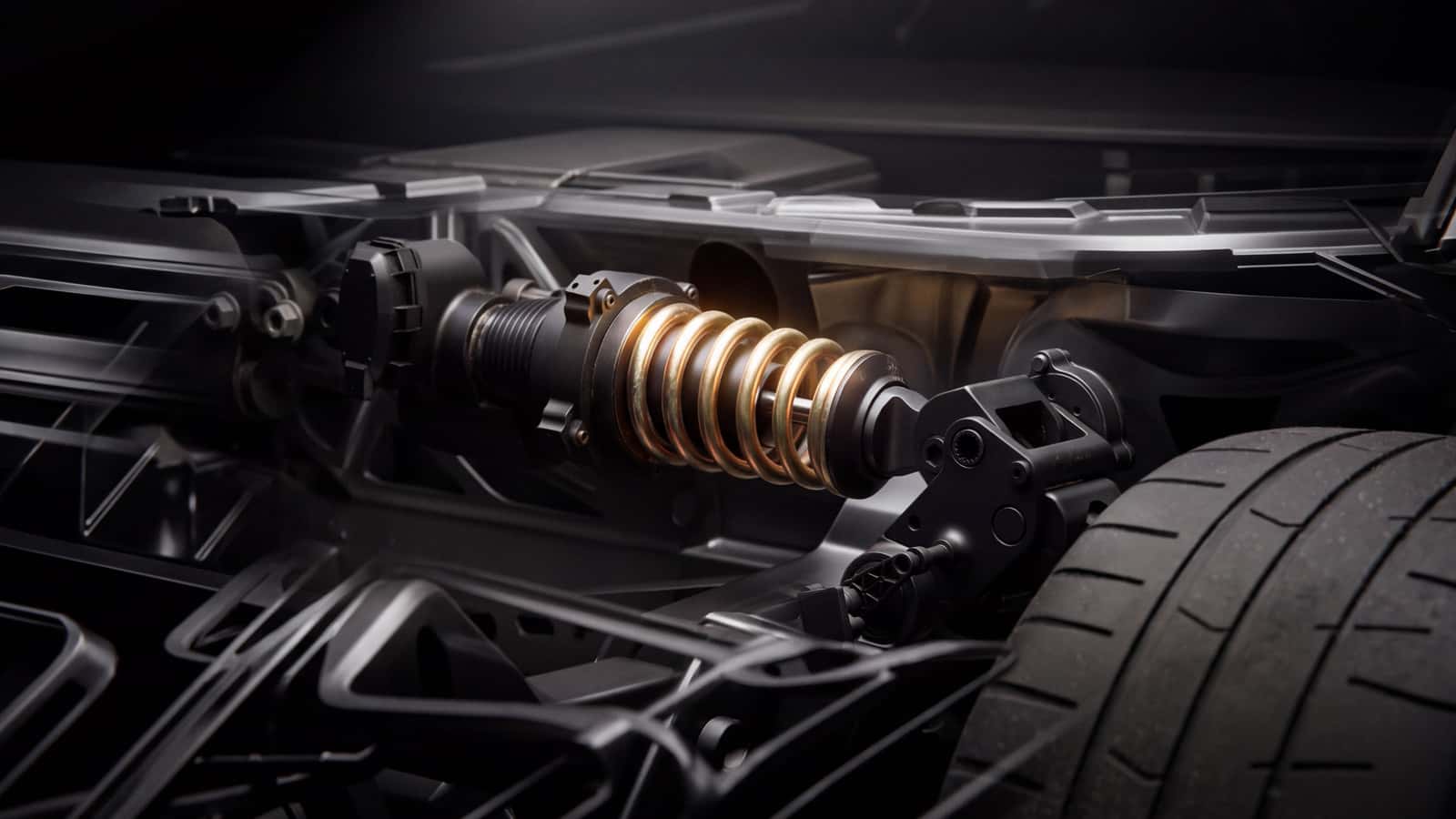 Official Tesla illustration of Roadster suspension hardware, showing a gold coil spring, damper, suspension arms and part of a tire.