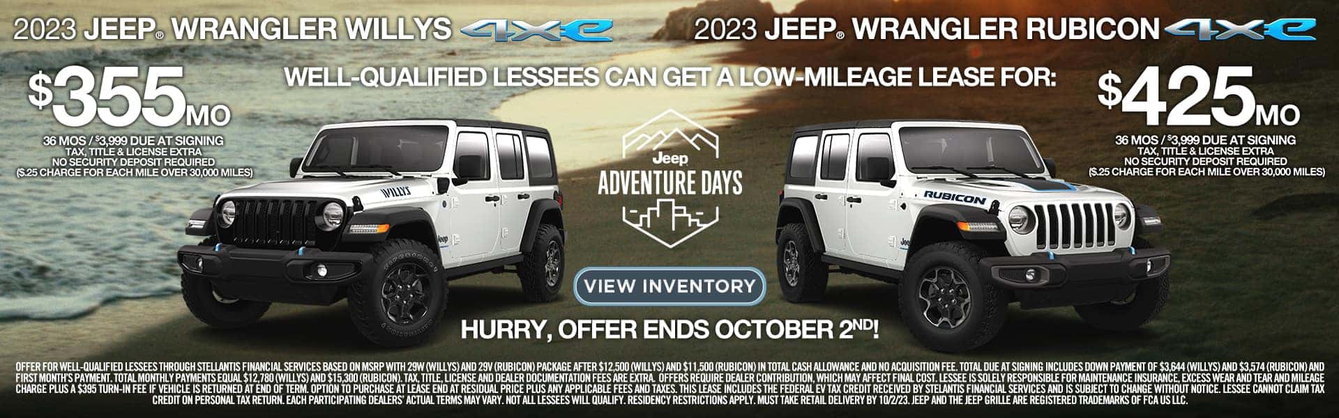 2023 JEEP WRANGLER WILLYS $355mo and 2023 JEEP WRANGLER RUBICON 4Xe $425mo