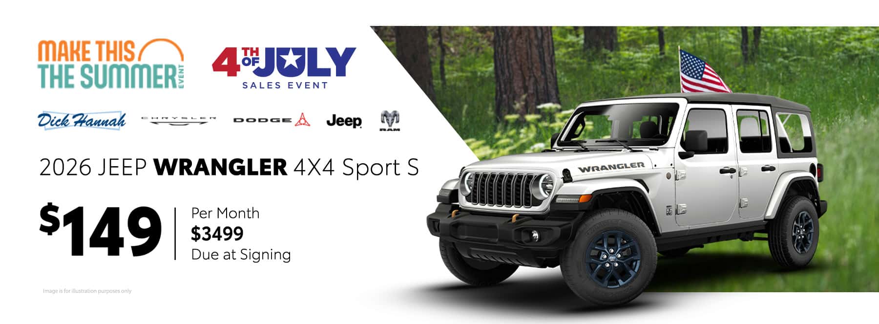LEASE A 2026 JEEP WRANGER 4-DOOR SPORT S FOR $149/MO FOR 27 MONTHS. $3499 DUE AT SIGNING. 5,000 MILES/YR