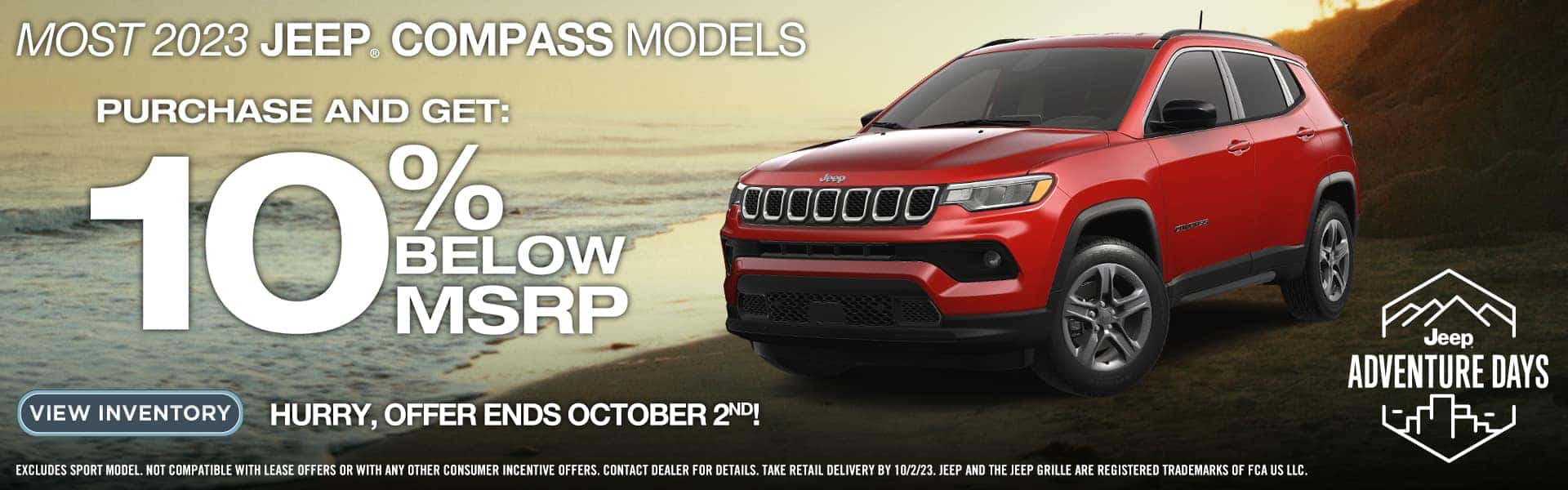 MOST 2023 JEEP COMPASS MODELS PURCHASE AND GET: 10 % BELOW MSRP