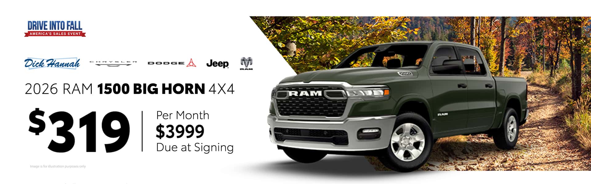 LEASE A 2026 RAM 1500 BIG HORN 4X4 FOR $319/MONTH $3999 DUE AT SIGNING. 24 MONTHS 5,000/YEAR