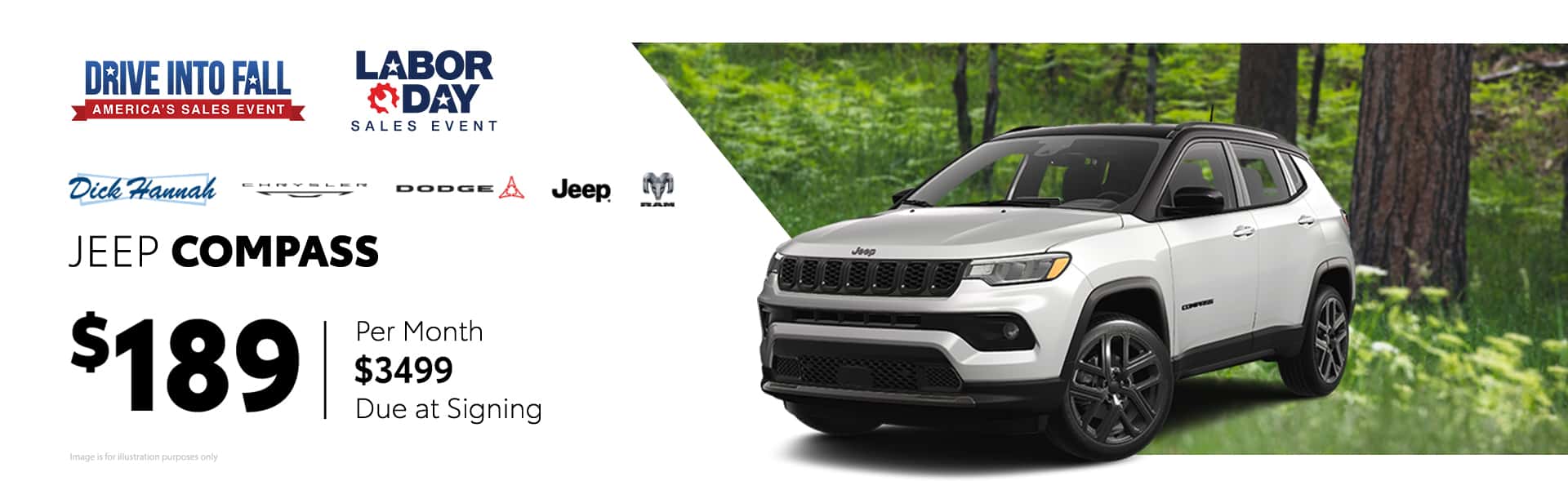 LEASE A JEEP COMPASS FOR $189 A MONTH FOR 24 MONTHS. $3499 DUE AT SIGNING. $189/MO 5,000 MILES A YEAR