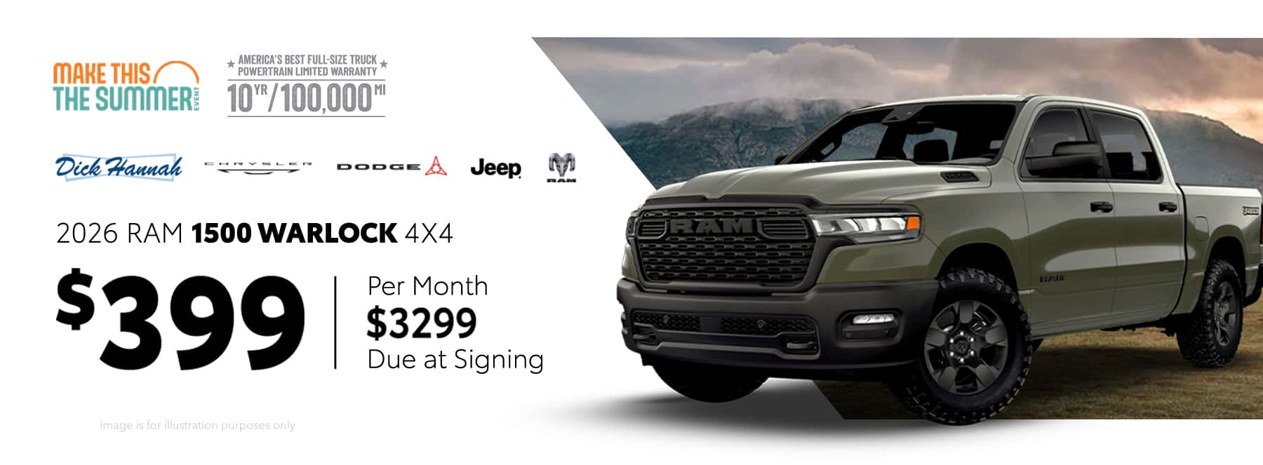 Lease a 2026 Ram 1500 Warlock 4x4 for $399/month for 27 months. 5k miles/year $3299 due at signing