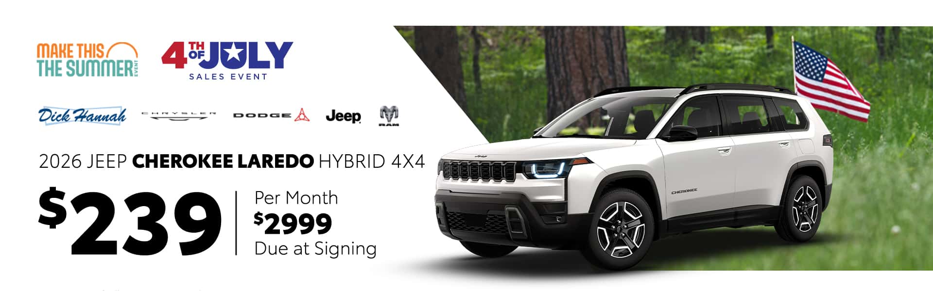 LEASE A 2026 JEEP CHEROKEE LAREDO HYBRID 4x4 FOR $239/MO FOR 36 MONTHS. $2999 DUE AT SIGNING 5,000 MILES/YR