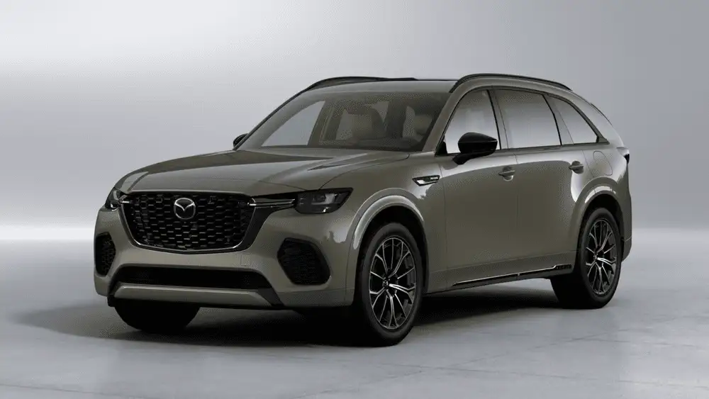 2026 Mazda CX-70 for Uniondale NY drivers, olive green SUV shown front and side view on plain studio background
