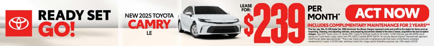 2025 Toyota Camry LE Lease for $239 per month* Includes Complimentary Maintenance for 2 years**
