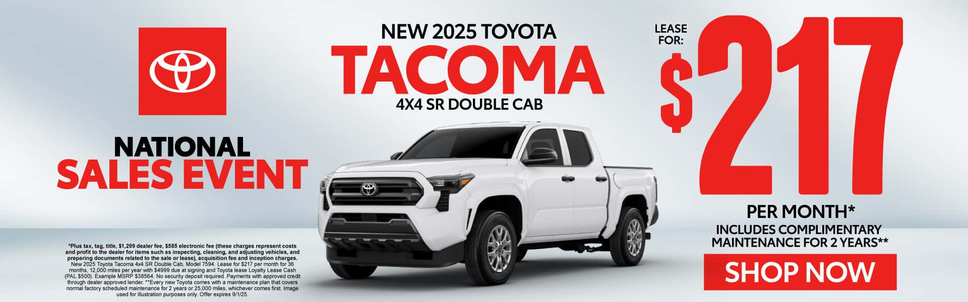 New 2025 Toyota Tacoma 4x4 SR Double Cab Lease for $217 Per Month* INCLUDES COMPLIMENTARY MAINTENANCE FOR 2 YEARS**