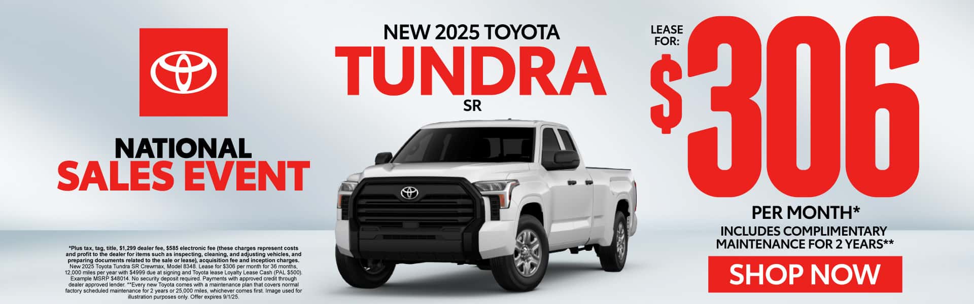 New 2025 Toyota Tundra SR Lease for $306 Per Month* INCLUDES COMPLIMENTARY MAINTENANCE FOR 2 YEARS**