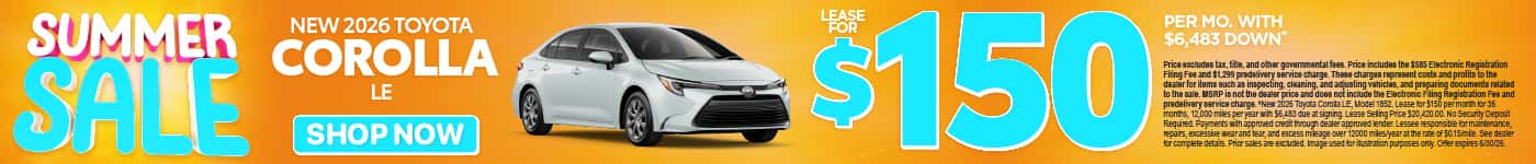 2026 Toyota Corolla LE Lease for $150 Per month with $6,483 down*