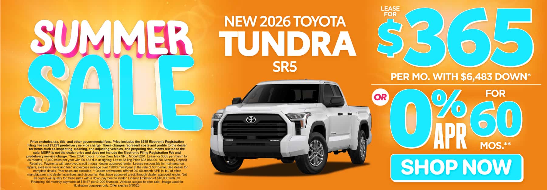 2026 Toyota Tundra SR5 Lease for $365 Per month with $6,483 down* or 0% APR for 60 Months**