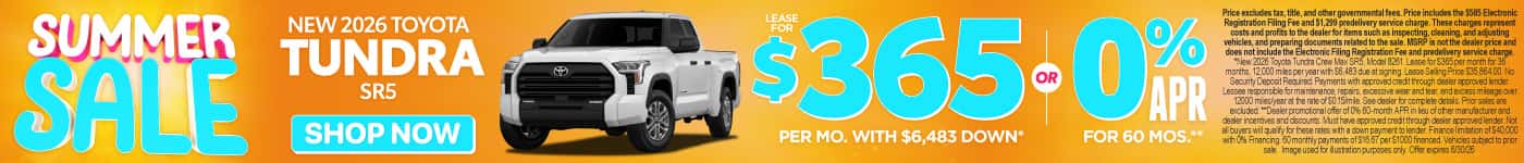 2026 Toyota Tundra SR5 Lease for $365 Per month with $6,483 down* or 0% APR for 60 Months**