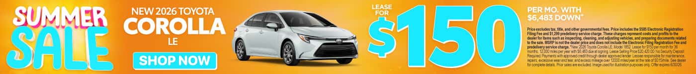 2026 Toyota Corolla LE Lease for $150 Per month with $6,483 down*