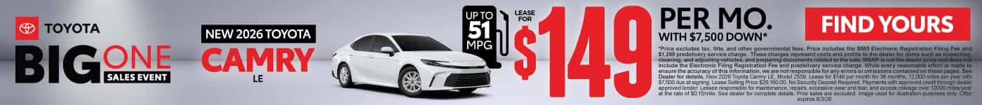 2026 Toyota Camry LE Lease for $149 Per month with $7,500 down*
