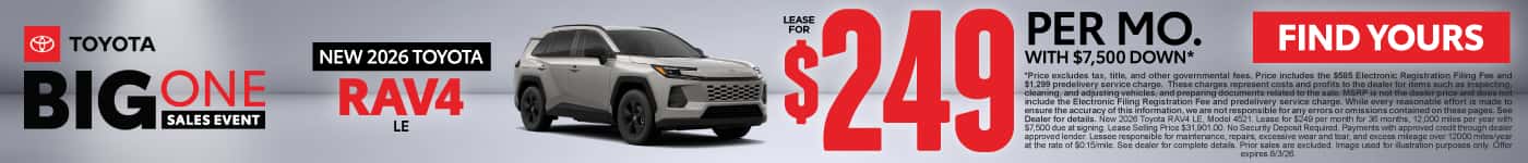 2026 Toyota Rav4 LE Lease for $249 Per month with $7,500 down*