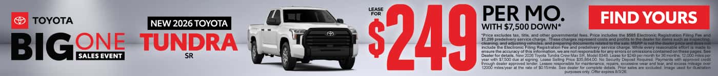 2026 Toyota Tundra SR Lease for $249 Per month with $7,500 down*